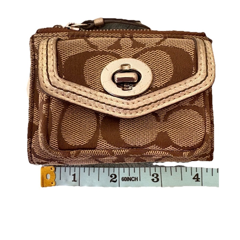 Coach Signature C Canvas Leather Trim Keychain Coin Purse Mini Wallet Turn Lock - Picture 2 of 6